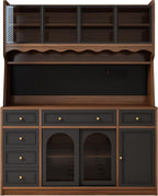 63" W Farmhouse Buffet Cabinet with Hutch, Freestanding Coffee Bar Sideboard with 6 Drawers, 4 Cabinets, Adjustable Shelves, Pegboard and Power Outlet for Dining Room Storage Cabinet,Brown Black