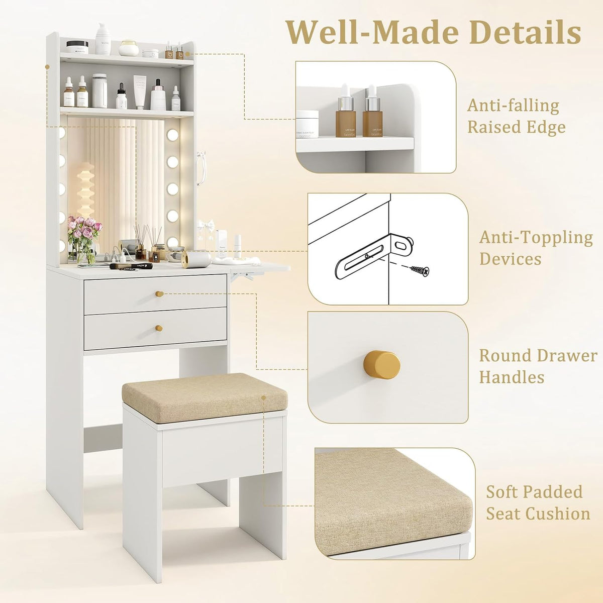 COSTWAY Vanity Desk with Mirror and Lights, Narrow Dressing Table with Foldable Countertop, Padded Stool, 2 Drawers for Apartment, Dorm, Bedroom, Makeup Vanity Set for Girl, Teen, Women (White)