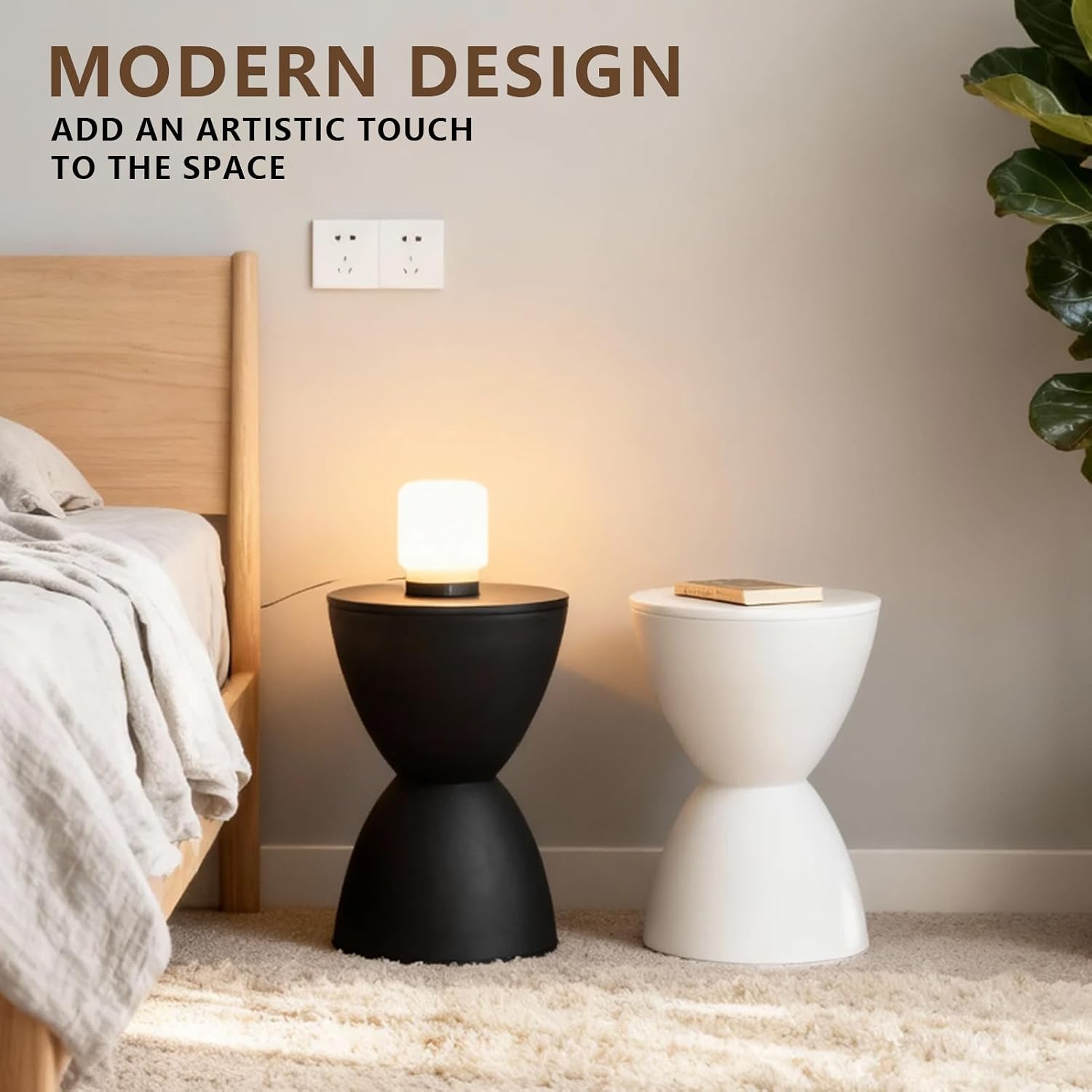 Hourglass Shaped Stool, Modern Round End Table Indoor/Outdoor Stool or End Table for Patio, Balcony, Poolside, Entryway, or Living Room 43x30cm (White)