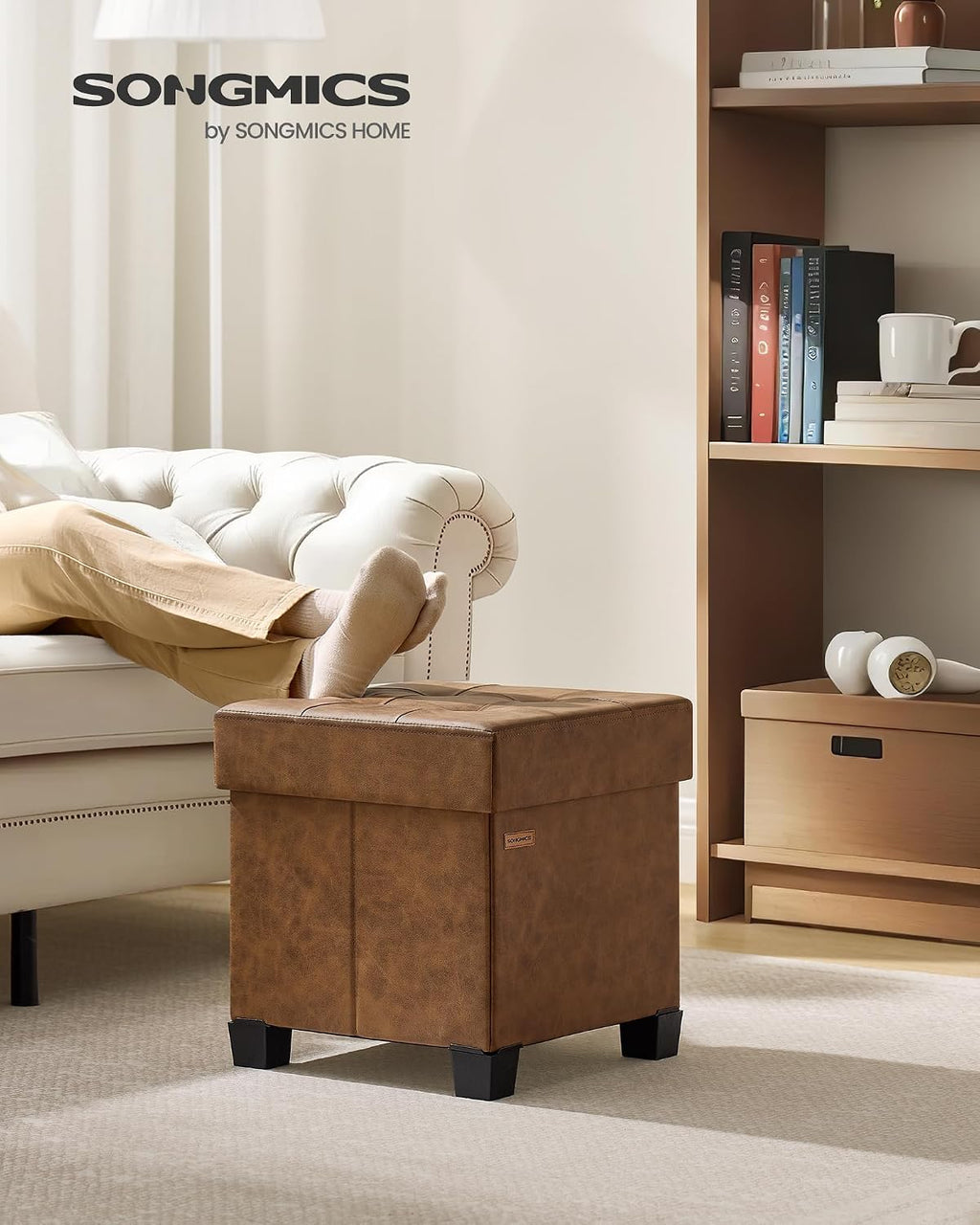 SONGMICS Small Storage Ottoman, 15 x 15 x 15.8 Inches, 9.8 Gal. (37 L) | Folding Ottoman Cube, Footstool, Footrest, PVC Leather Surface, Coffee Brown, MELISA Collection ULSF0512K03