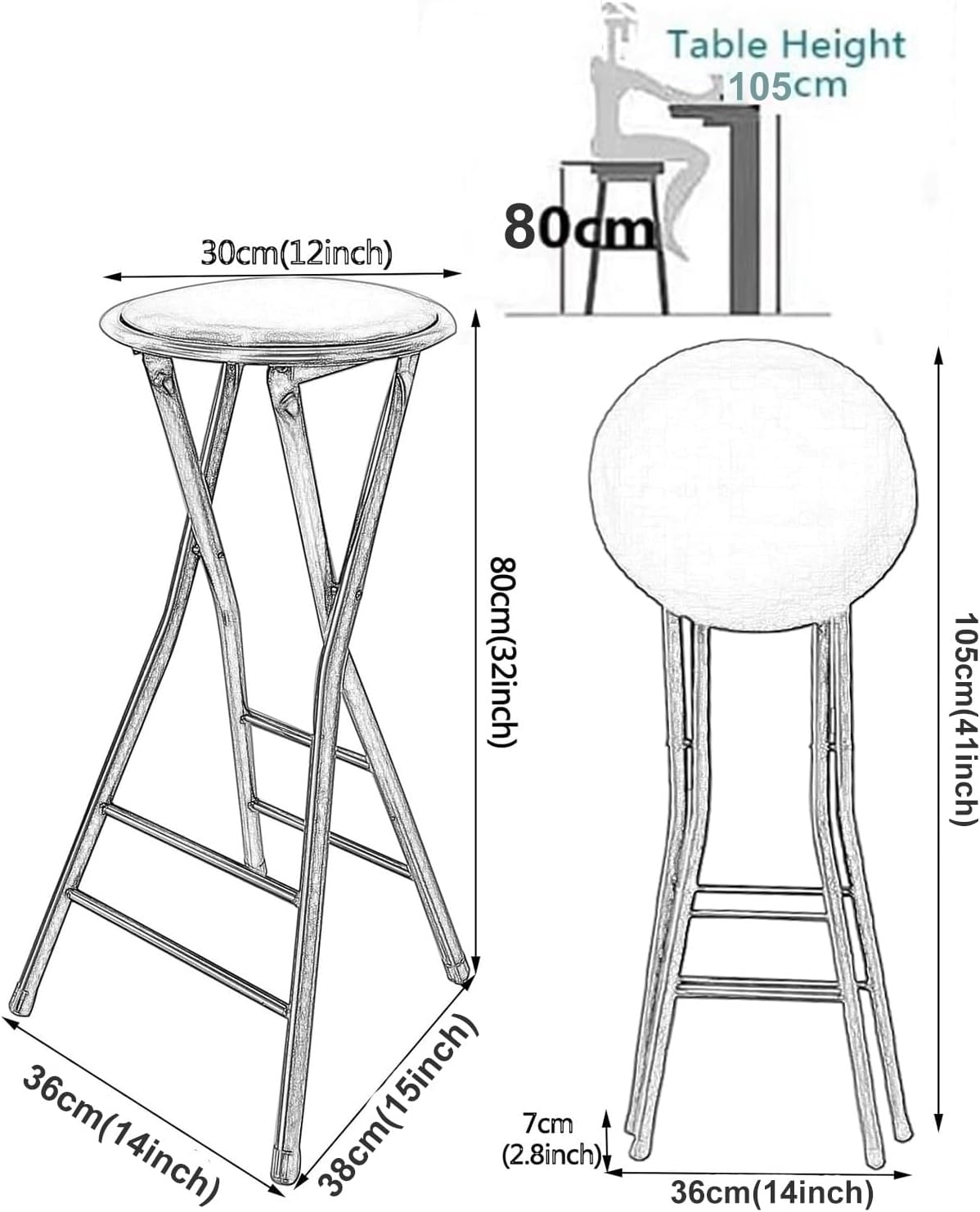 Round Backless Folding Breakfast High Chair, 24"/28"/30" Counter Height Foldable Bar Stool with Footrest for Home Office(Black,80cm/32inch)