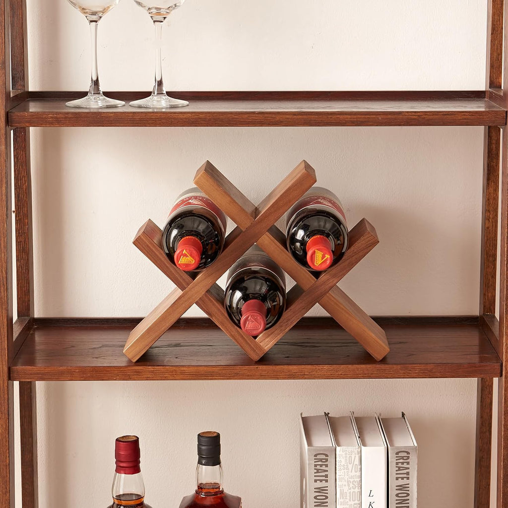 Solid Oak Wine Rack Countertop, 4 Bottle Tabletop Wine Holder - No Assembly Free Standing Wood Display for Kitchen, Bar, Office, Living Room | Walnut