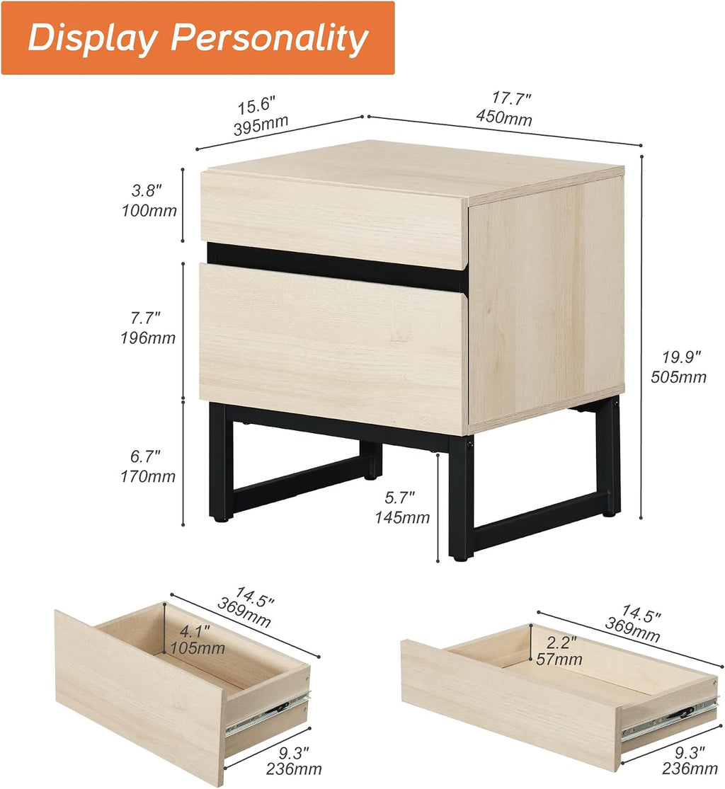 WAMPAT Nightstand with 2 Drawers for Bedroom, Modern Bedside Table with Black Square Iron Leg, Wood Rustic Side End Table for Living Room, Light Oak