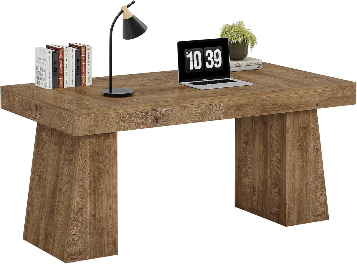 Tribesigns 55" Executive Desk, Wooden Office Desk with Double Pedestal, Modern Computer Writing Table for Home Office, Light Brown