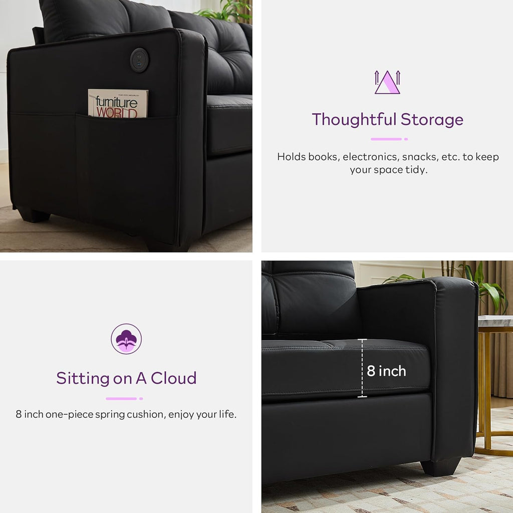 TYBOATLE 88" W Faux Leather Couches w/USB, Tufted Mid-Century Modern Comfy Black Leather Couch w/Side Pockets and Wider Arms for Living Room, 3 Seater Leathe Sofa for Office, Apartment, Bedroom