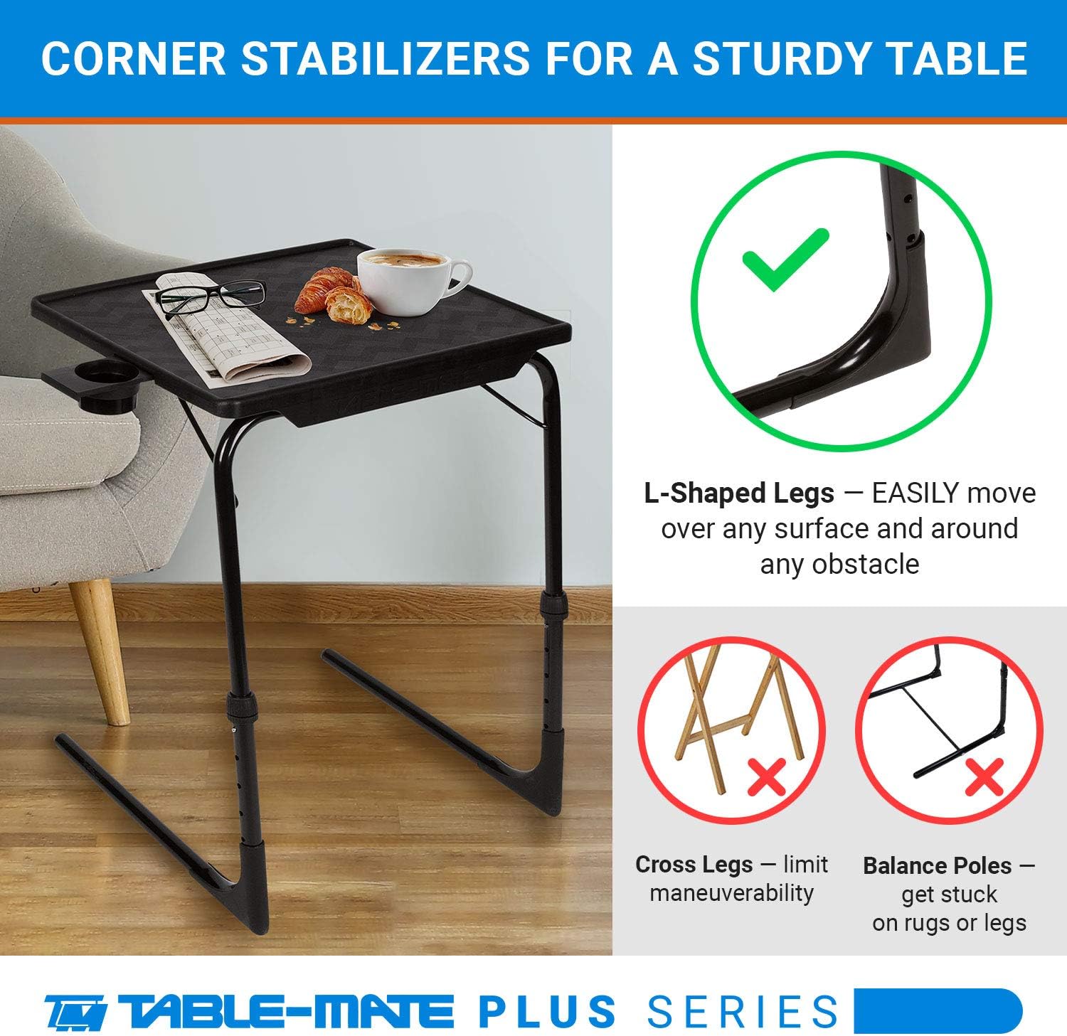 Table-Mate TV Tray Table | Portable Desk Folding Dinner Tray, Couch Table Trays for Eating Snack Food, Portable Laptop Desk, Bed Trays for Eating | Adjustable TV Trays with 3 Angles and Cup Holder