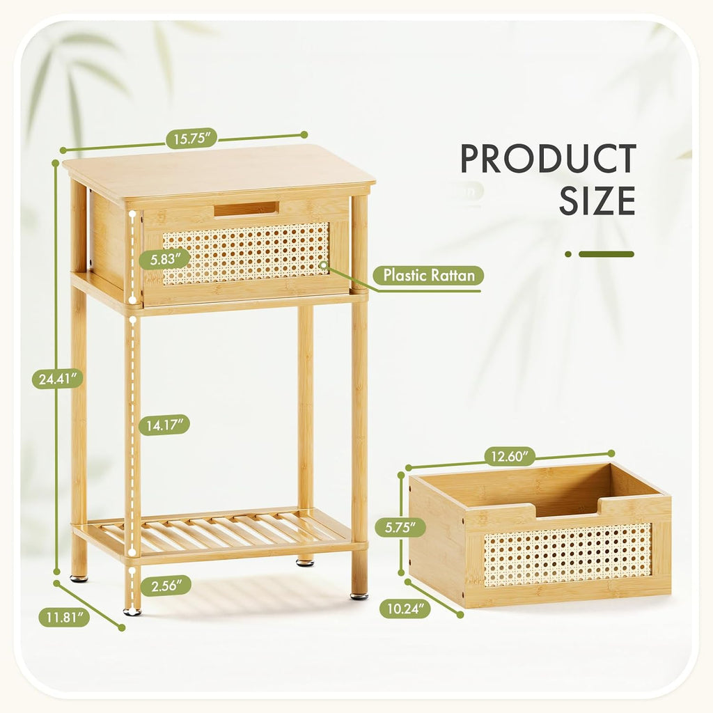 Bamboo Nightstand, Boho Side Table with Drawer and Open Shelf, 3 Tier End Table, Bedside Table, Accent Table, Small Dresser for Bedroom, Dorm and Small Spaces, Natural
