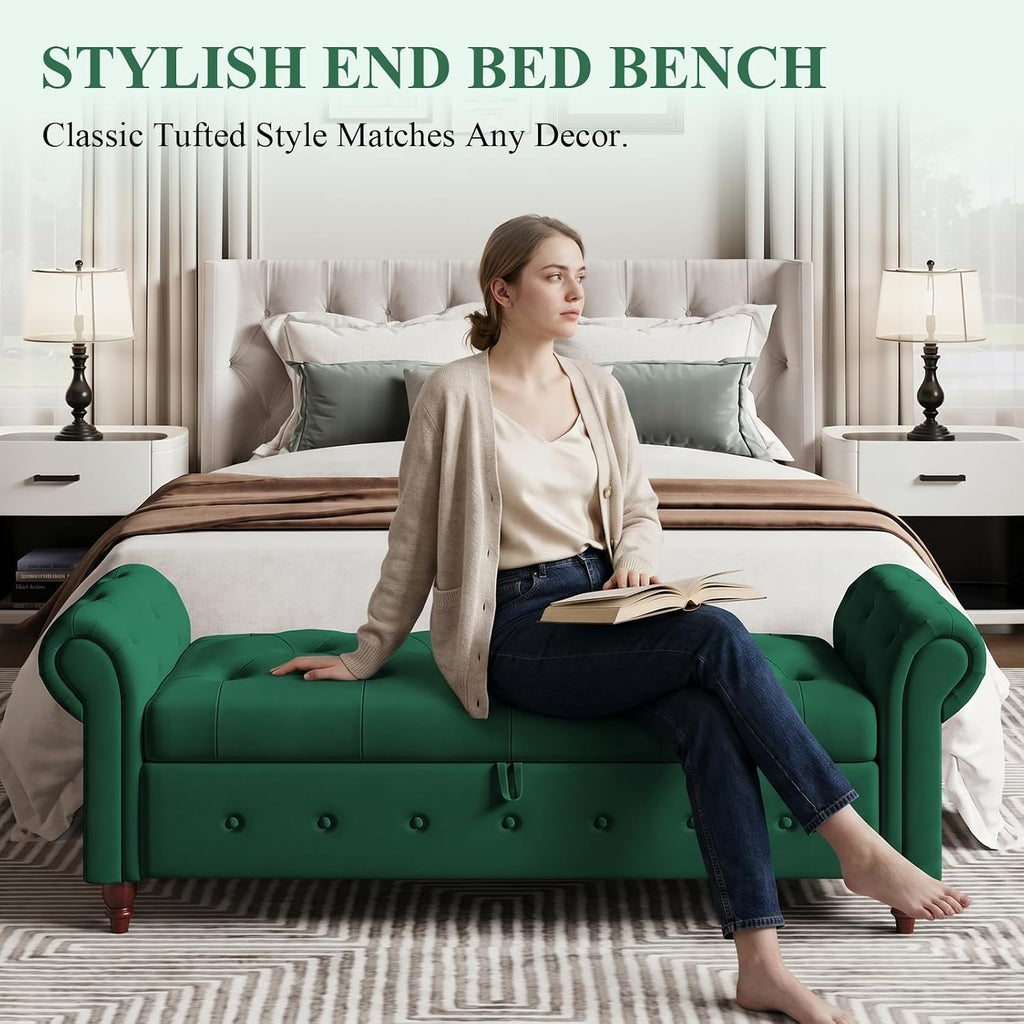 NIOIIKIT 63'' Storage Ottoman Bench Tufted Entryway Bench Dark Green Velvet | Button Tufted End of Bed, Large Storage Space, Rolled Armed Ottoman Couch Long Bench for Bedroom, Living Room, Hallway