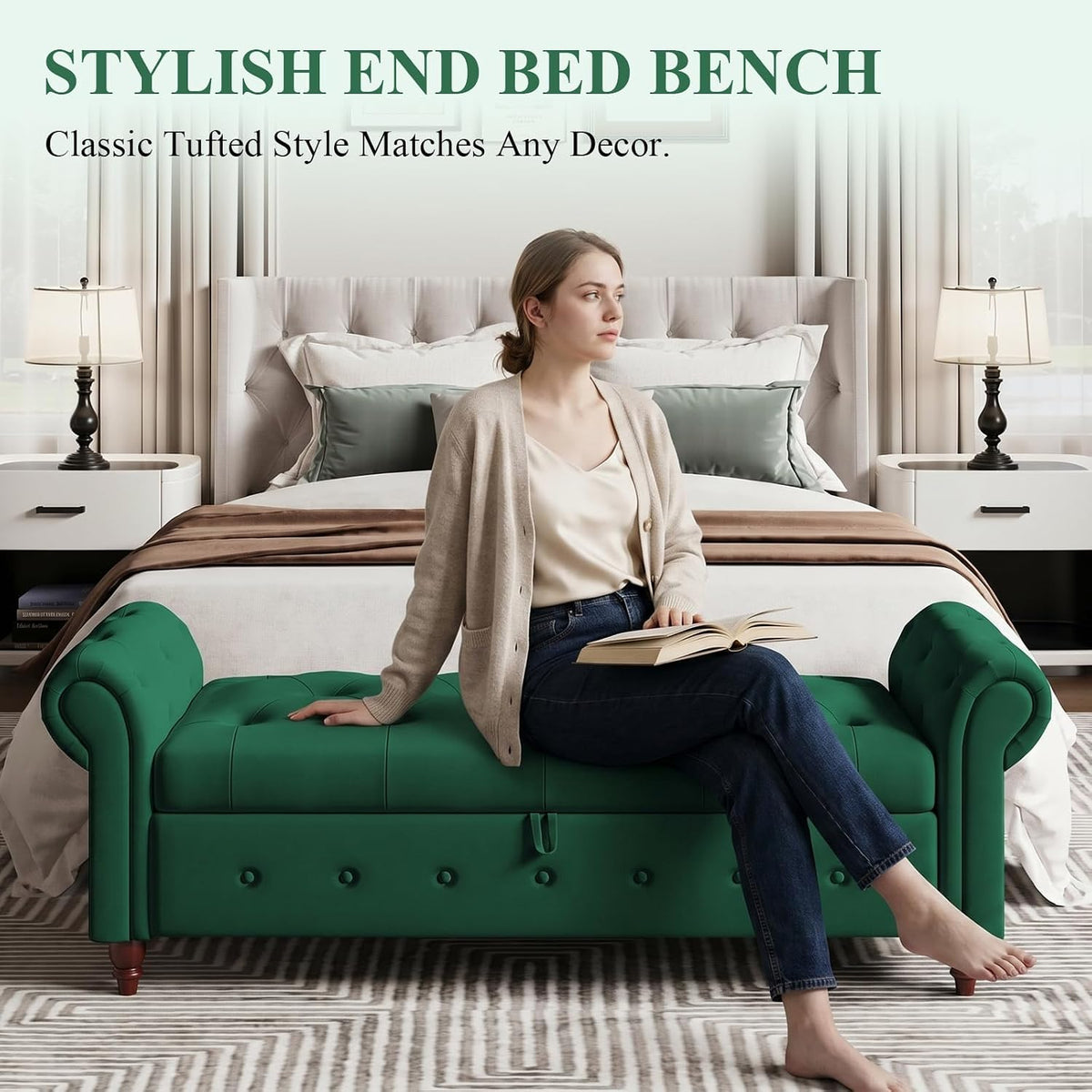 NIOIIKIT 63'' Storage Ottoman Bench Tufted Entryway Bench Dark Green Velvet | Button Tufted End of Bed, Large Storage Space, Rolled Armed Ottoman Couch Long Bench for Bedroom, Living Room, Hallway