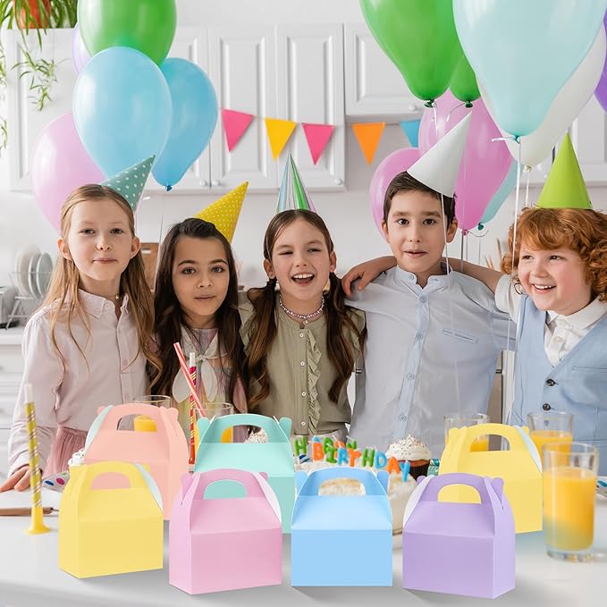 24 Pcs Pastel Party Favor Treat Boxes, Colorful Paper Candy Gift Gable Boxes for Party Favors, Pastel Goodie Box for Birthday Wedding Spring Easter Parties Supplies Decorations, 6 x 3.5 x 3 Inches