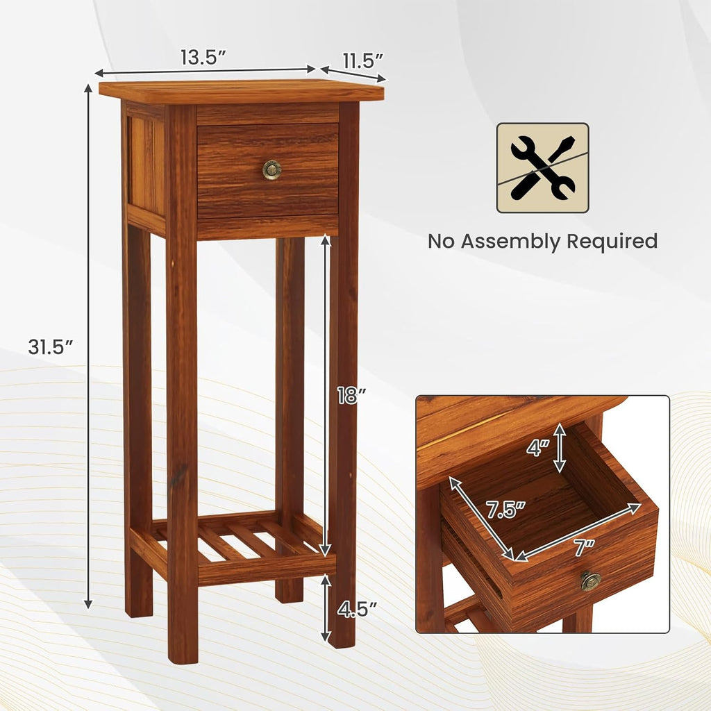 Giantex Narrow End Table with Drawer Set of 2, Tall Acacia Wood Side Table with Bottom Shelf, Modern Bedside Tables, 2-Tier Nightstand for Small Spaces Bedroom Living Room, No Assemble Required, Brown