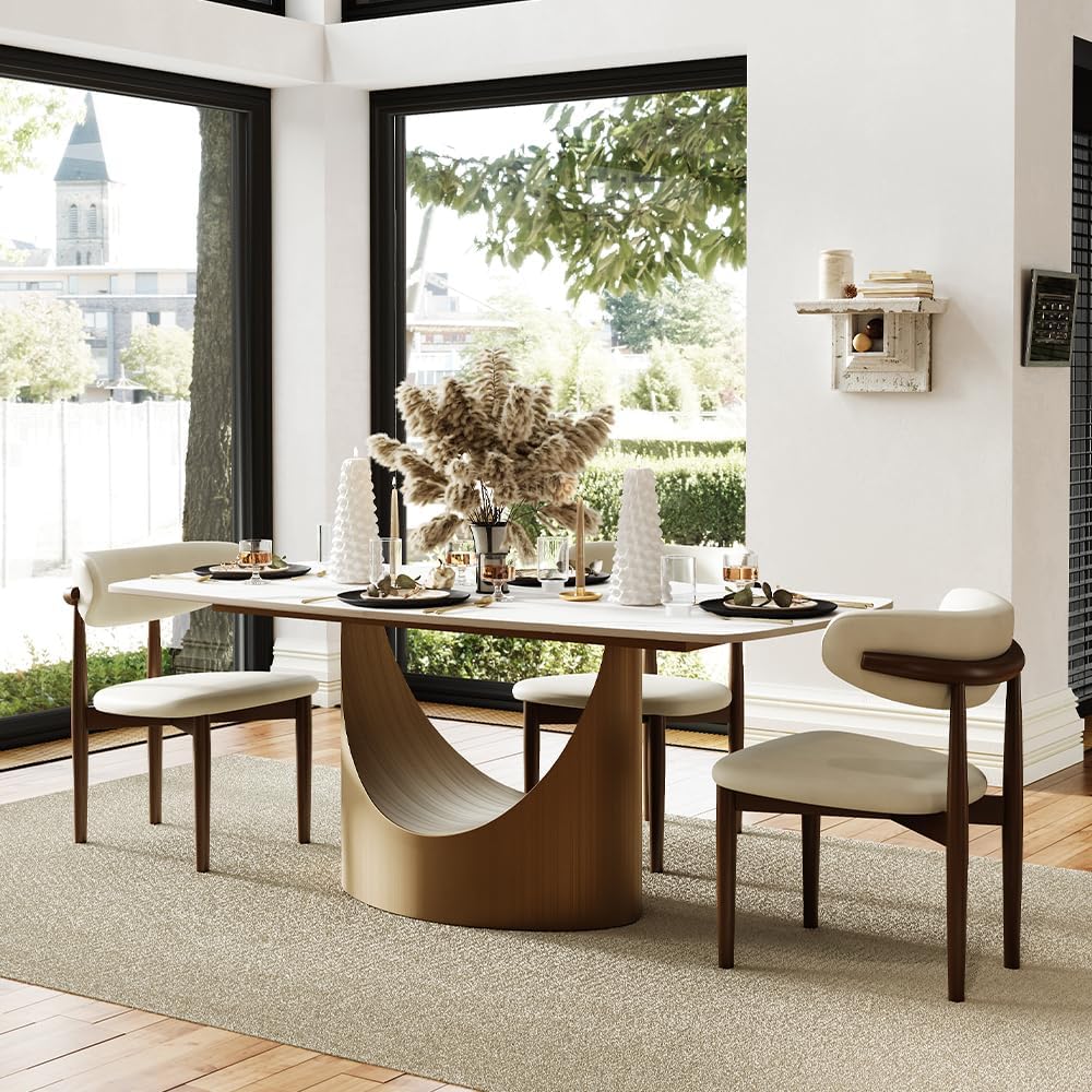 POVISON 71" Modern Dining Table for 6-8, Matte White Sintered Stone Top | Bronze Carbon Steel Pedestal Base, Hobart Minimalist Rectangular Table for Dining Room, Kitchen, Home（Table Only）