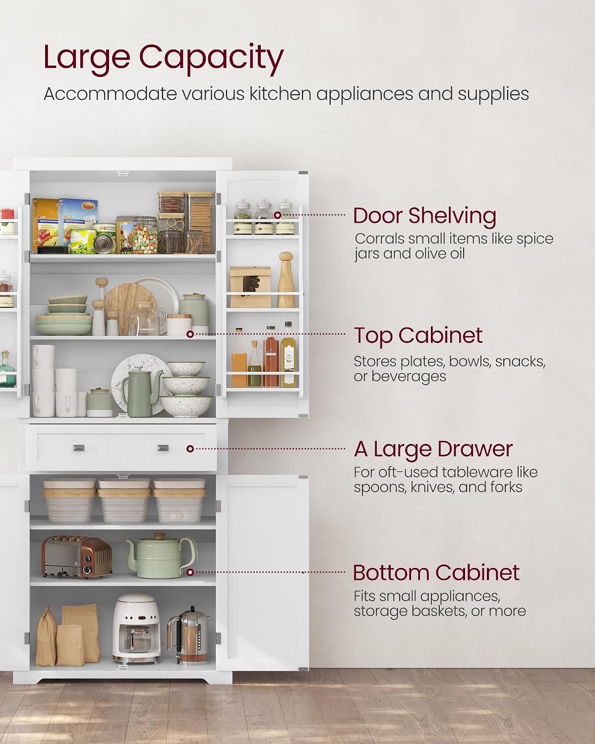 VASAGLE Pantry Cabinet, 71.7-Inch High Freestanding Tall Cupboard Storage Cabinet with a Drawer, 2 Cabinets, 4 Adjustable Shelves, 6 Door Shelves, for Living Room, Kitchen, White UBBC561P31V2