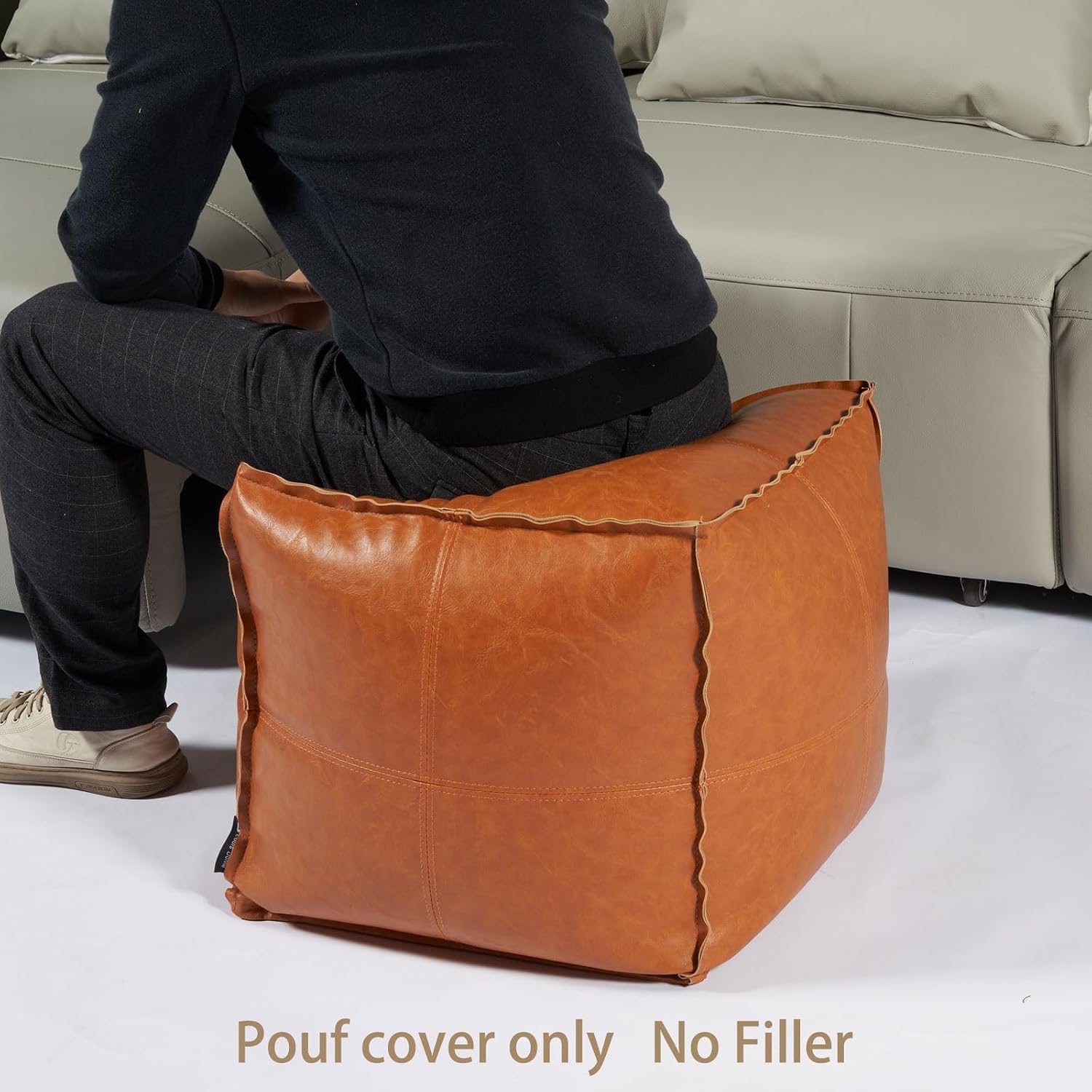 Pouf Ottoman, Unstuffed Pouf Cover, Handmade Faux PU Leather Moroccan, Orange Brown 17.7" Square, Foot Rest for Living Room, Floor Chair Gifts for Men Women, (Only Cover)