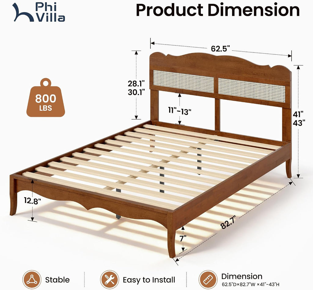 PHI VILLA Solid Wood Queen Bed Frame with Adjustable Headboard