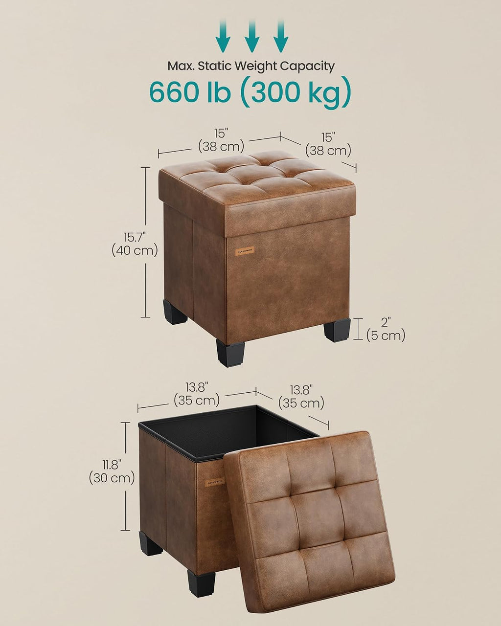 SONGMICS Small Storage Ottoman, 15 x 15 x 15.8 Inches, 9.8 Gal. (37 L) | Folding Ottoman Cube, Footstool, Footrest, PVC Leather Surface, Coffee Brown, MELISA Collection ULSF0512K03