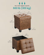 SONGMICS Small Storage Ottoman, 15 x 15 x 15.8 Inches, 9.8 Gal. (37 L) | Folding Ottoman Cube, Footstool, Footrest, PVC Leather Surface, Coffee Brown, MELISA Collection ULSF0512K03