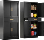 Kitchen Pantry Cabinet, 71”H Metal Storage Cabinet with 1 Drawer, Doors and 2 Adjustable Shelves, Black Pantry Storage Cabinets for Kitchen, Living Room, Dining Room and Bathroom