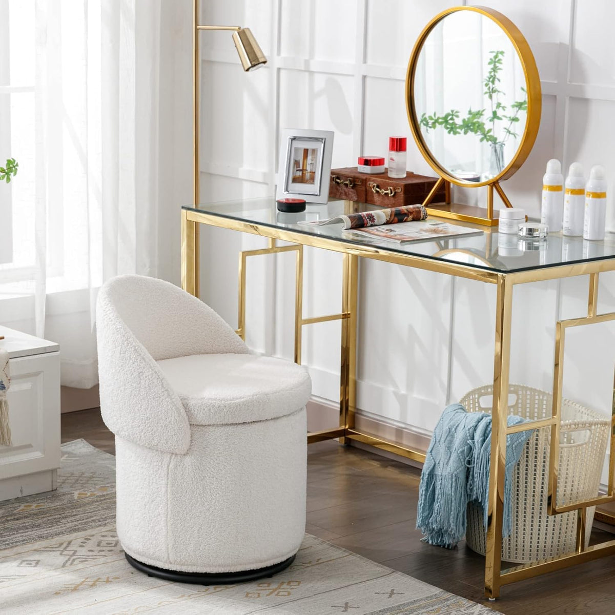Ya-Home Modern Swivel Ottoman Vanity Chair, Sherpa Upholstered Barrel Club Chairs 360°Degree Swivel Side Chair with Storage, Comfy Makeup Stool for Bedroom Living Room, White
