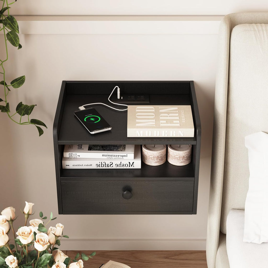 Floating Nightstand Set of 2 Modern Night Stands with Drawer and Open Shelf | Cubby Small Bedside End Table with Charging Station Wall Mounted Nightstands Set 2 for Bedroom Black