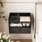 Floating Nightstand Set of 2 Modern Night Stands with Drawer and Open Shelf | Cubby Small Bedside End Table with Charging Station Wall Mounted Nightstands Set 2 for Bedroom Black