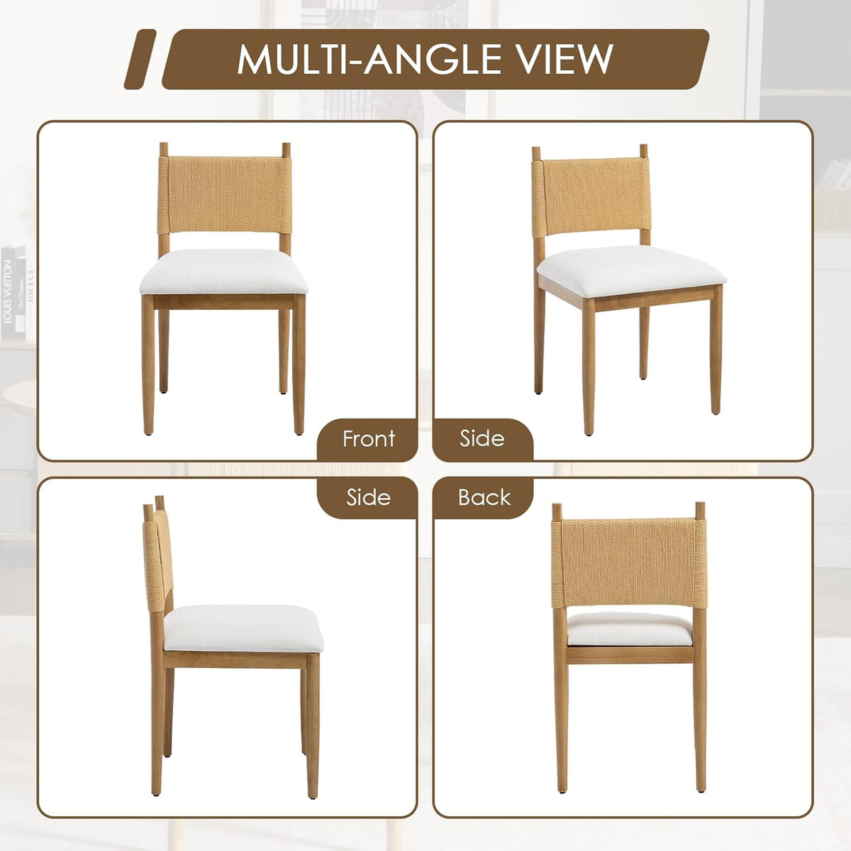 CIMOTA Modern Dining Chairs Set of 6, Mid Century Upholstered Dining Room Chairs with Woven Back, Armless Kitchen Chairs with Natural Solid Wood Legs, Linen Beige
