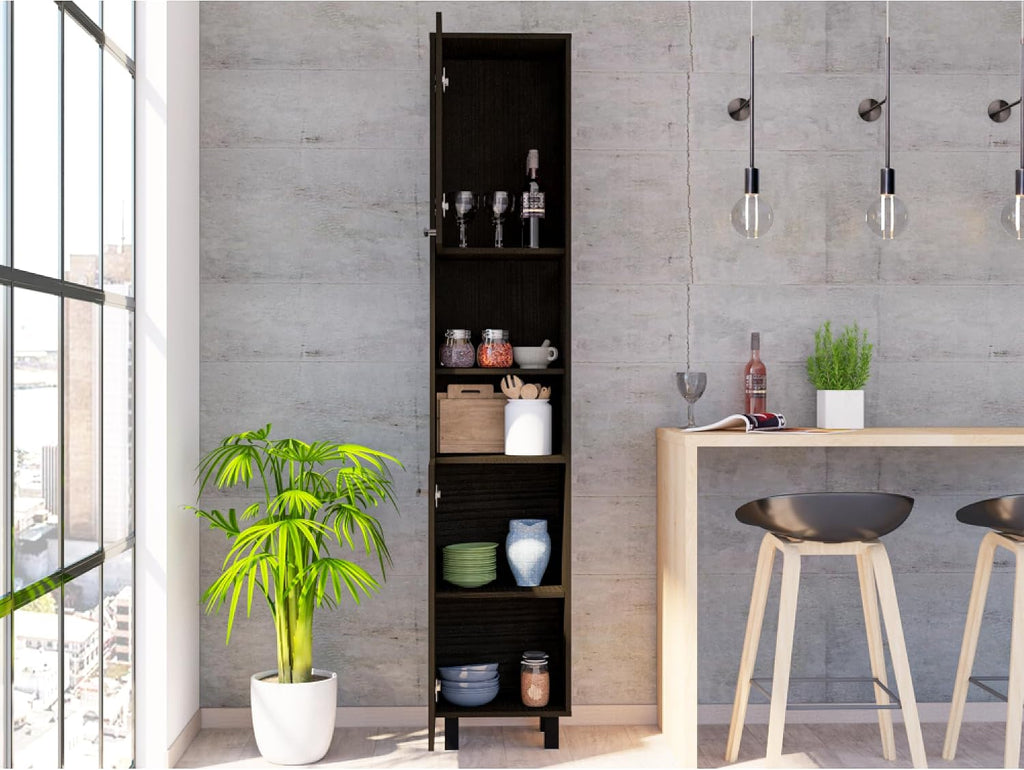 Kitchen Pantry 79" H, Two Open Storage Shelves, Three Internal Shelves, Two Doors, Four Legs, Black
