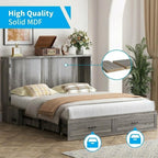 Mjkone 63" W Queen Murphy Bed, Cabinet Beds Queen Size with Built-in Charging Station and Drawer, Modern Cabinet Murphy Chest Bed, Hidden Guest Wall Beds, Space Saving - Grey (No Mattress)