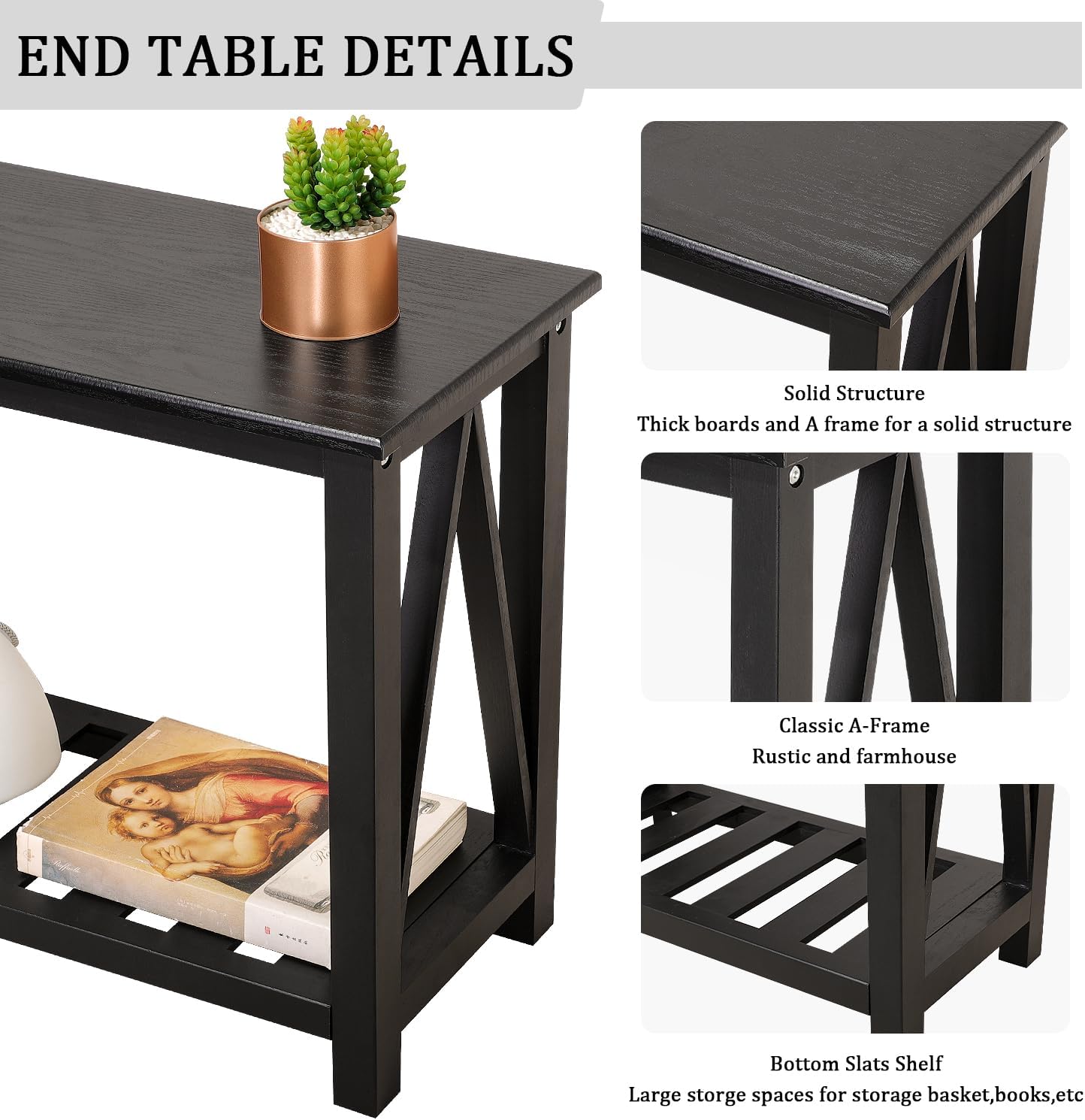 Narrow Side Table with Storage Shelf 2 Tier Wooden Nightstand Bedside Tables for Small Spaces Black Modern Accent Sofa Side Tables for Couch Living Room Bedroom Entryway