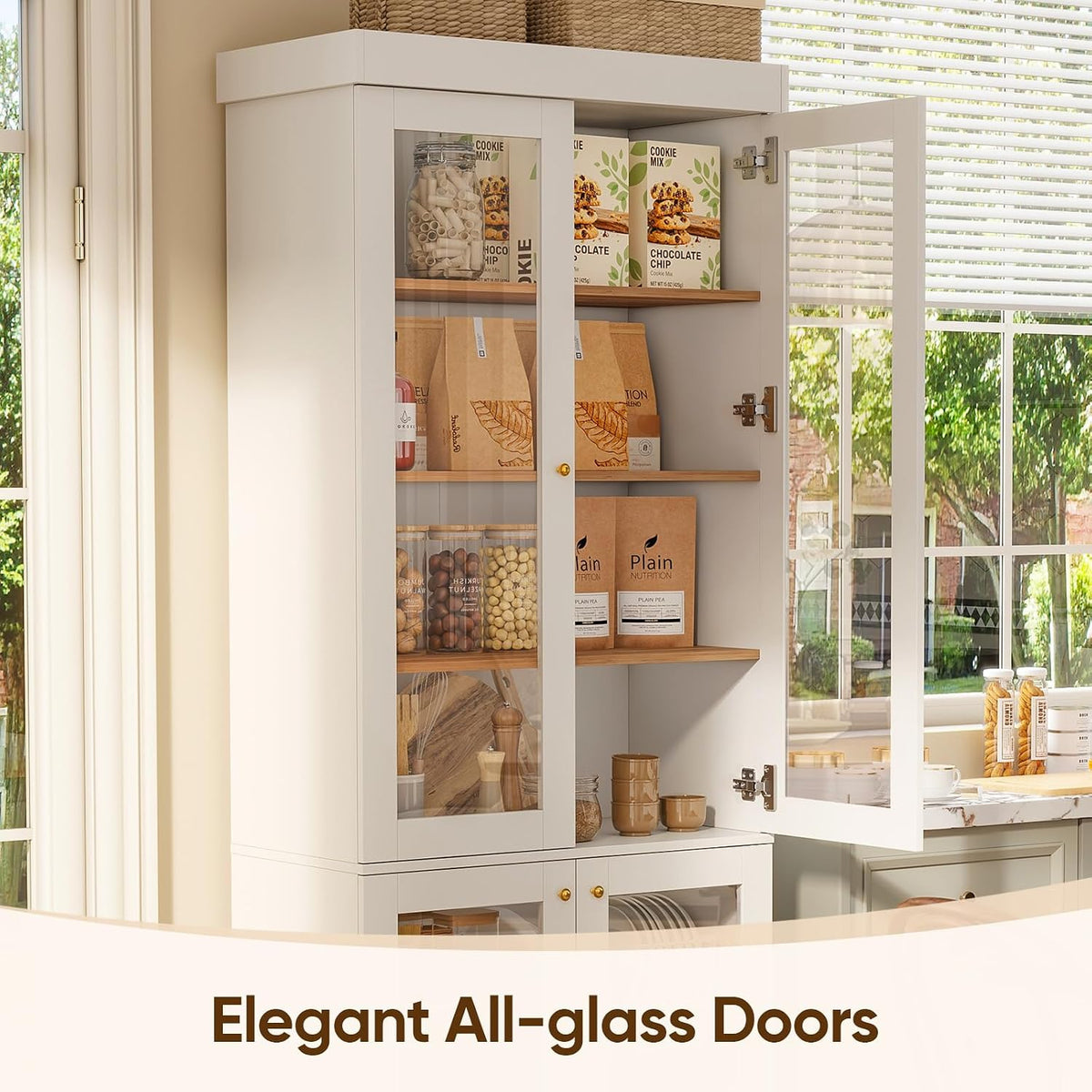 70.8" Tall Farmhouse Modular Kitchen Pantry Cabinet with Glass Doors & Wooden Storage Hutch with Six-Tier Adjustable Shelves, White，2pcs