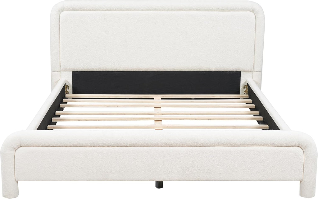 Merax Queen Size Upholstered Bed Frame with Upgraded Curved Boucle Fabric Headboard,Wooden Slats Support for Bedroom,Modern Design Easy Assembly