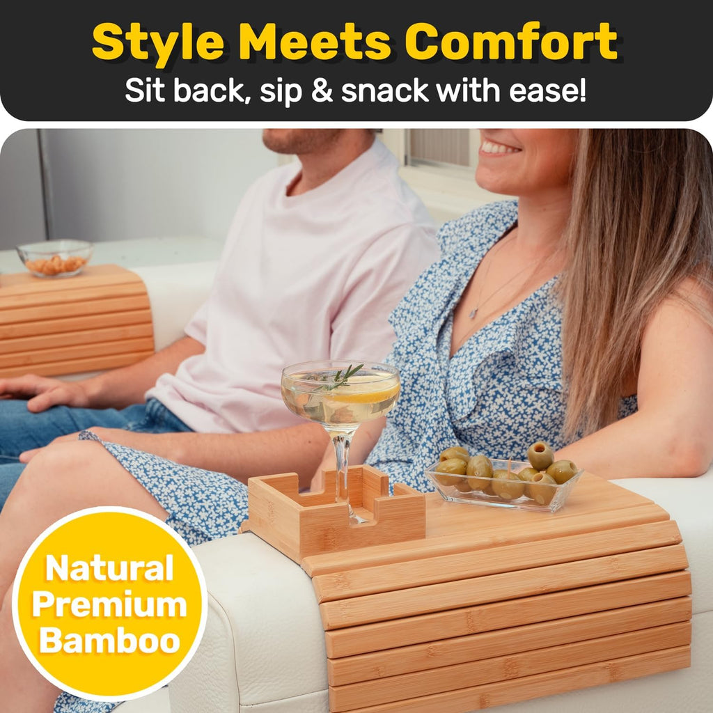 FUN FOREST Bamboo Cup Couch Holder - Non-Slip Furniture Protector, Sofa Armrest Table for Mugs & Tumblers – Weighted 16” Large Natural Bamboo Holder for Recliners and Loveseats