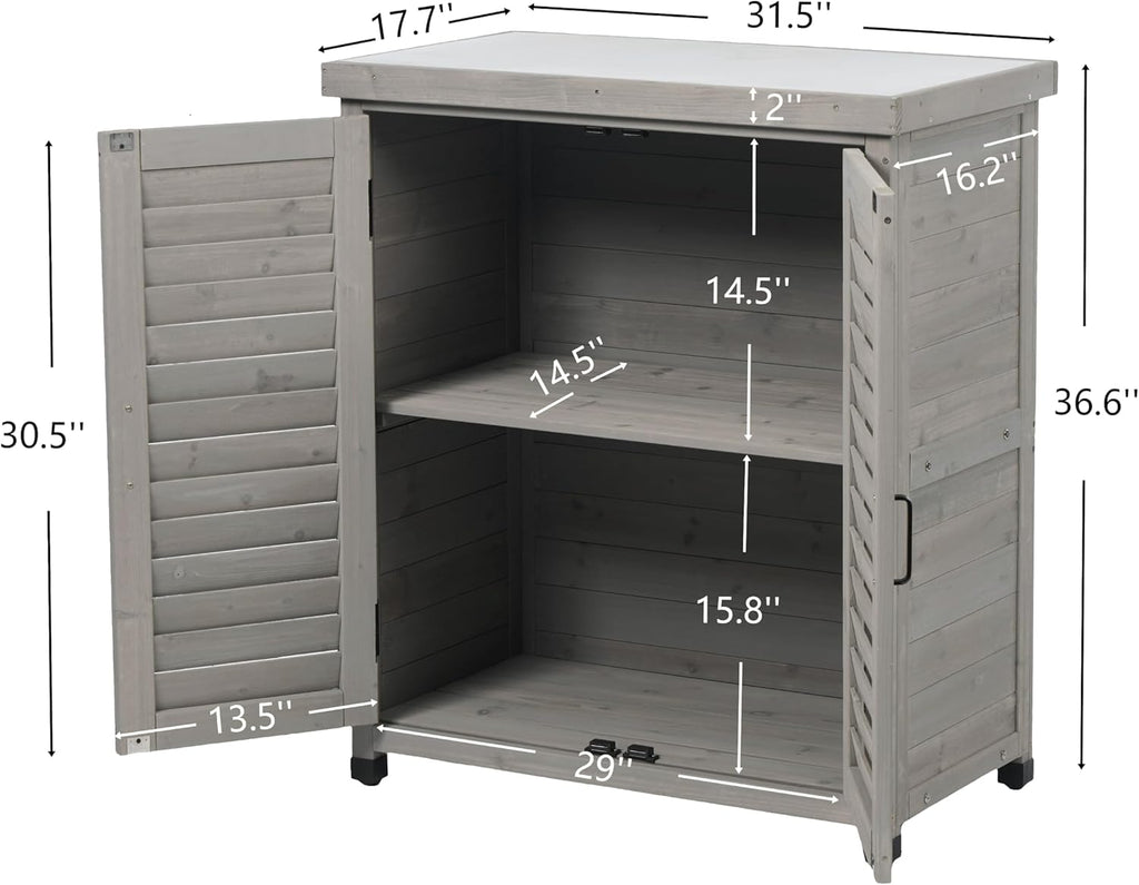 32" Solid Wood Storage Cabinet, Sideboard Cabinets with Metal Table Top, Living Room Organizer with Louvered Ventilation for Outdoor Patios, Grey