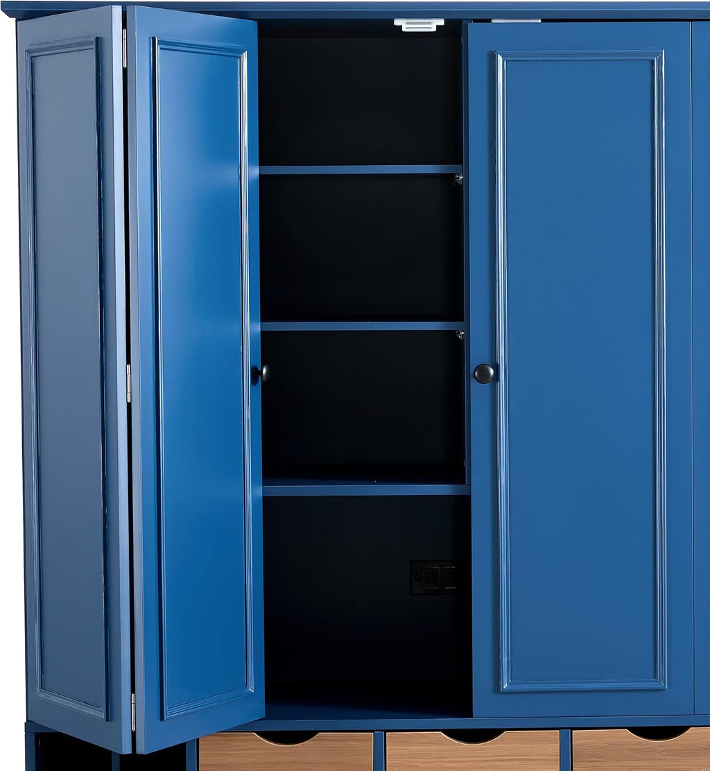 VilroCaz Farmhouse 71''H Wood Large Kitchen Pantry, 53.2''Lx17.7''W Dining Storage Cabinet Cupboard with 4 Foldable Doors, Power Outlet, Shelves, Wine Racks and Serving Trays (Blue-4 Fold)