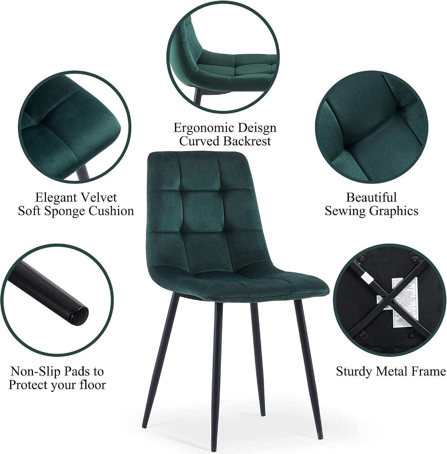 NORDICANA 5-Piece Dining Table Set, 47 in Modern Irregular Rectangle Kitchen Table & 4 Forest Green Velvet Upholstery Side Chairs, Metal Legs, Dining Room Set for 4
