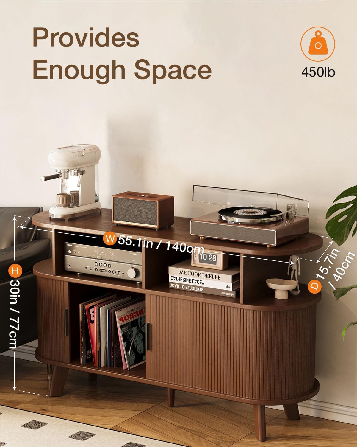 Record Player Stand, Midcentury Modern Furniture Turntable Stand with Sliding Doors, Audio-Video Shelving Cabinet, Fluted Media Stand and TV Stand for Living Room, Bedroom (Walnut) (Large)