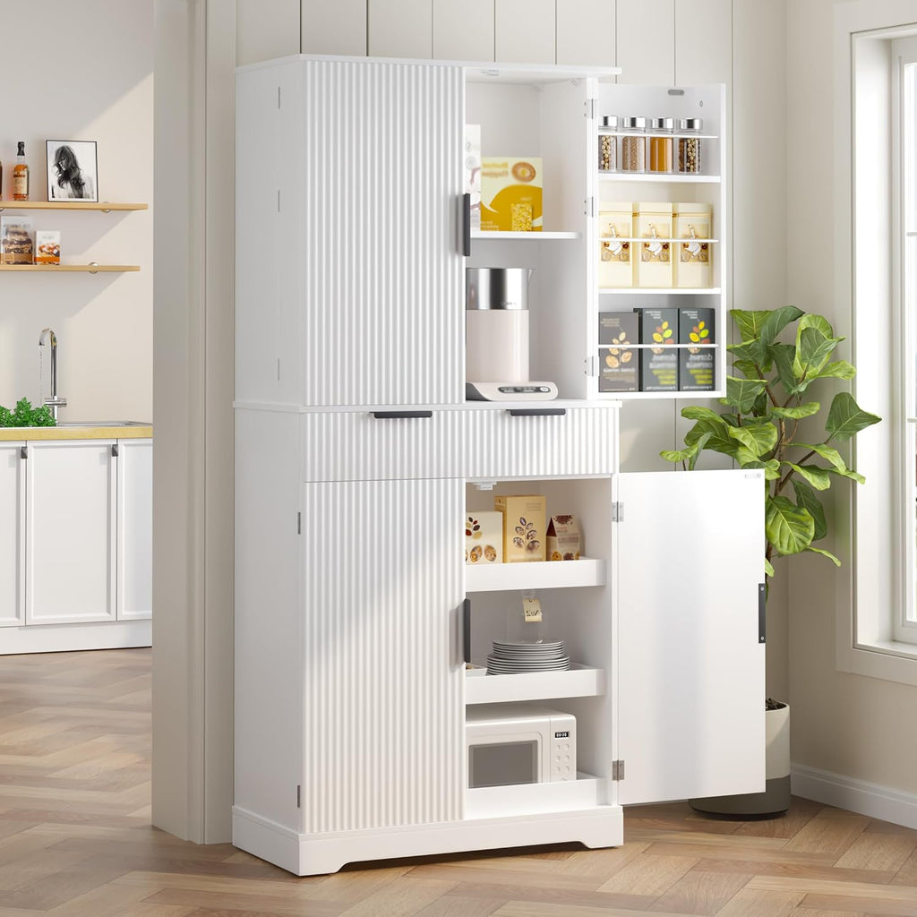 Modern Kitchen Pantry Cabinet, 71" Height Tall Freestanding Cupboard with a Drawer,3 Sliding Rack,6 Hanging Shelves,Fluted Kitchen Organizer Storage Cabinet for Dining Room Living Room (White-1)
