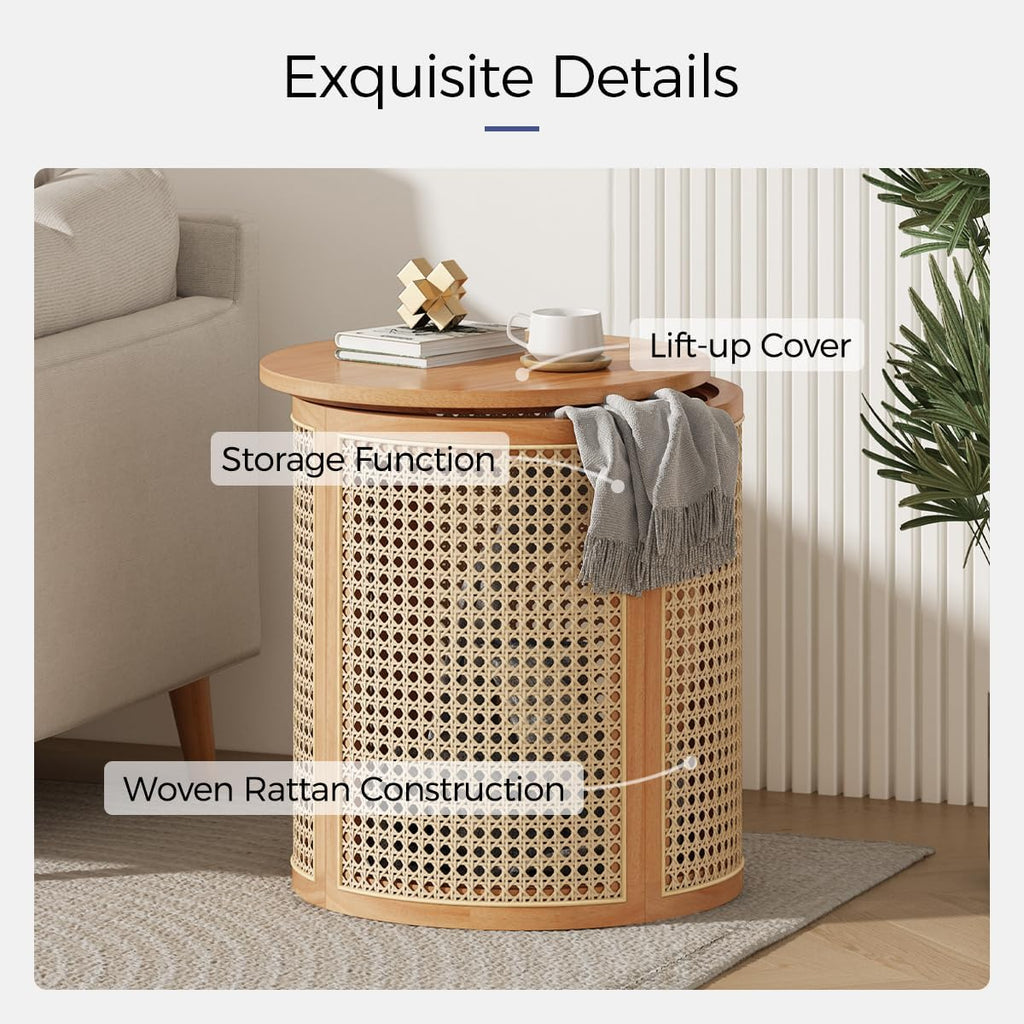 Hollow Woven Rattan Side Table, Round End Table for Living Room, Coffee Table for Small Space, Easy Assembly (Natural)
