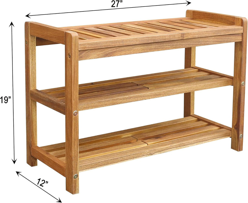 27-Inch Wooden Shoe Bench for Entryway, 3-Tier Storage Organizer, Rustic Shoe Rack Bench for Narrow Spaces