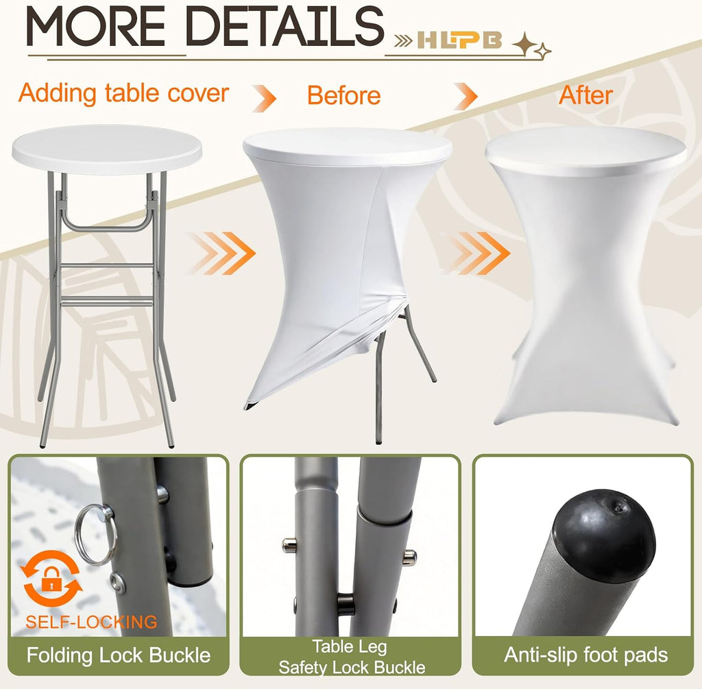 28" Round Folding Table with Cover, Foldable Cocktail Table with Handle | Bar Height Table with Removable Legs, High Top, Indoor Outdoor for Parties, Patio, Backyard, Wedding, Dining, White