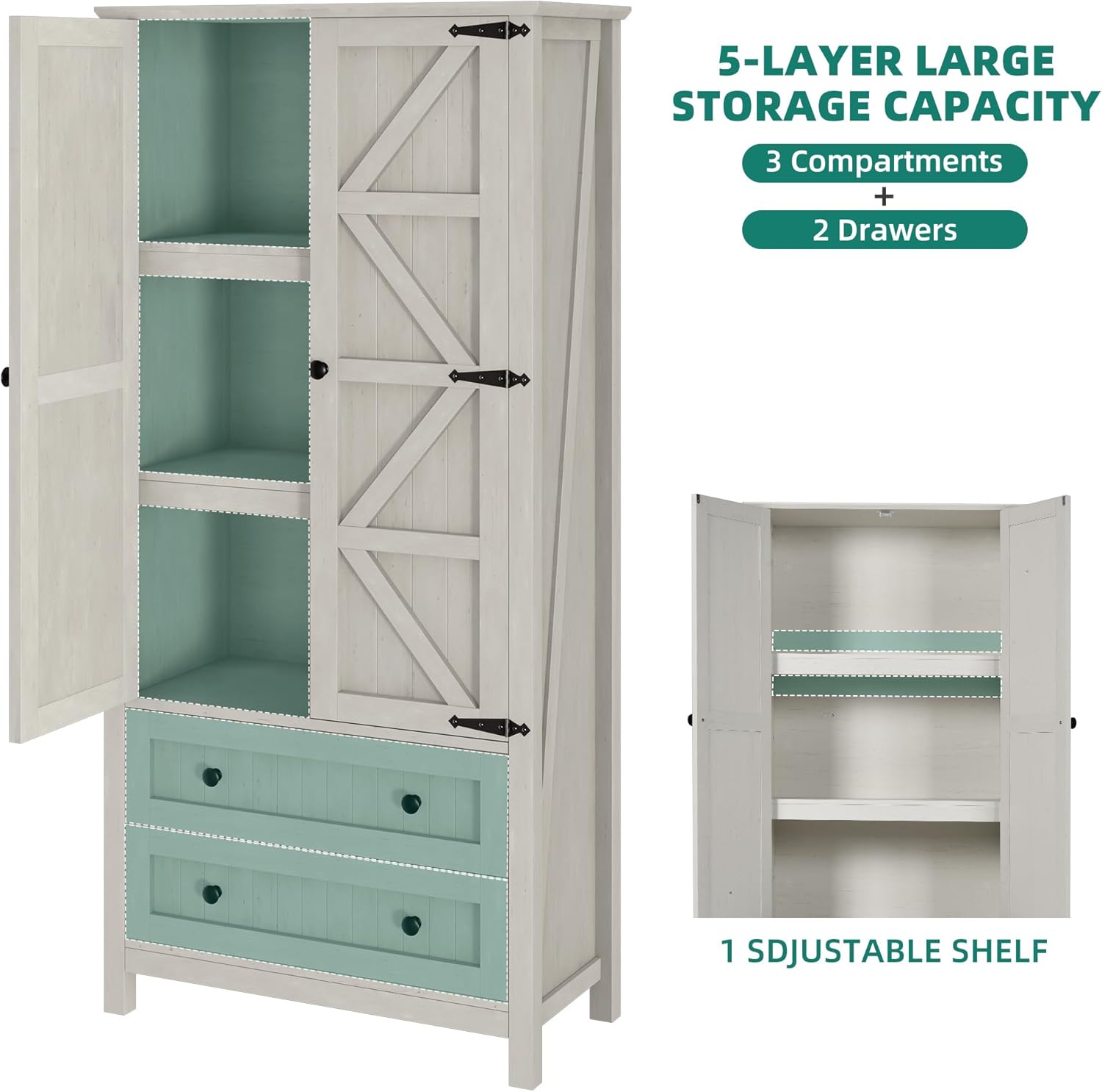 YITAHOME 64.5" Tall Kitchen Pantry Cabinet, Farmhouse Pantry Storage Cabinet with 2 Drawers & Adjustable Shelves, Ideal for Living Room, Kitchen or Hallway, White