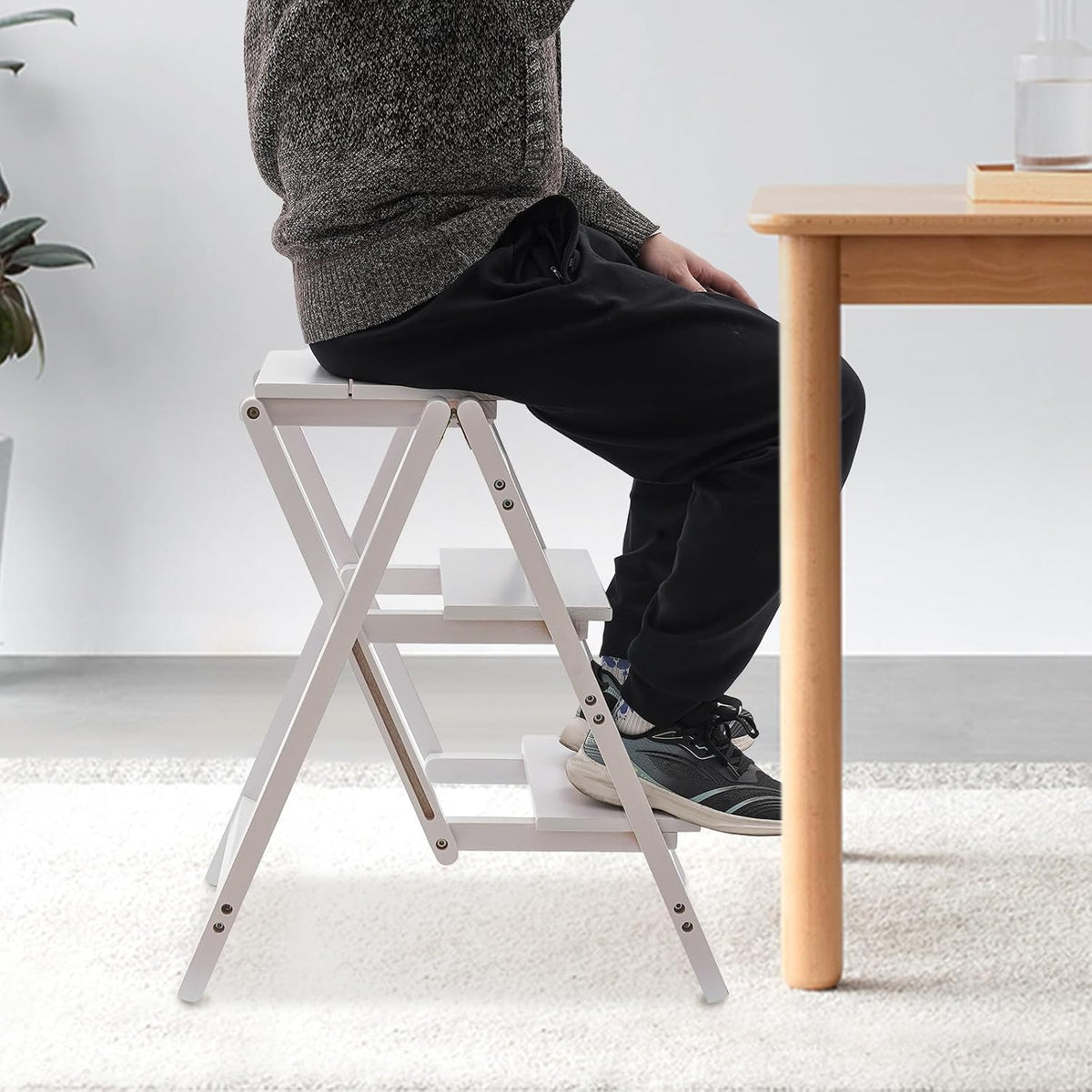 Folding Step Stool for Adults, 3 Tier Step Ladder Portable Counter Chair Wooden Trapezoidal Shelf with Convenient Handle for Home Office Garage Library