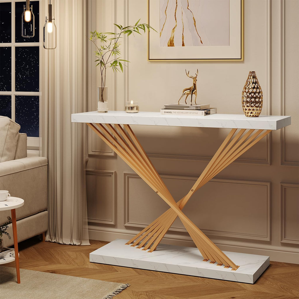 UNIQUITE 39.4 Inch Gold Console Table, White Faux Marble Modern Entryway Table Sofa Tables Behind The Couch for Entrance Hallway Living Room, X-Shape