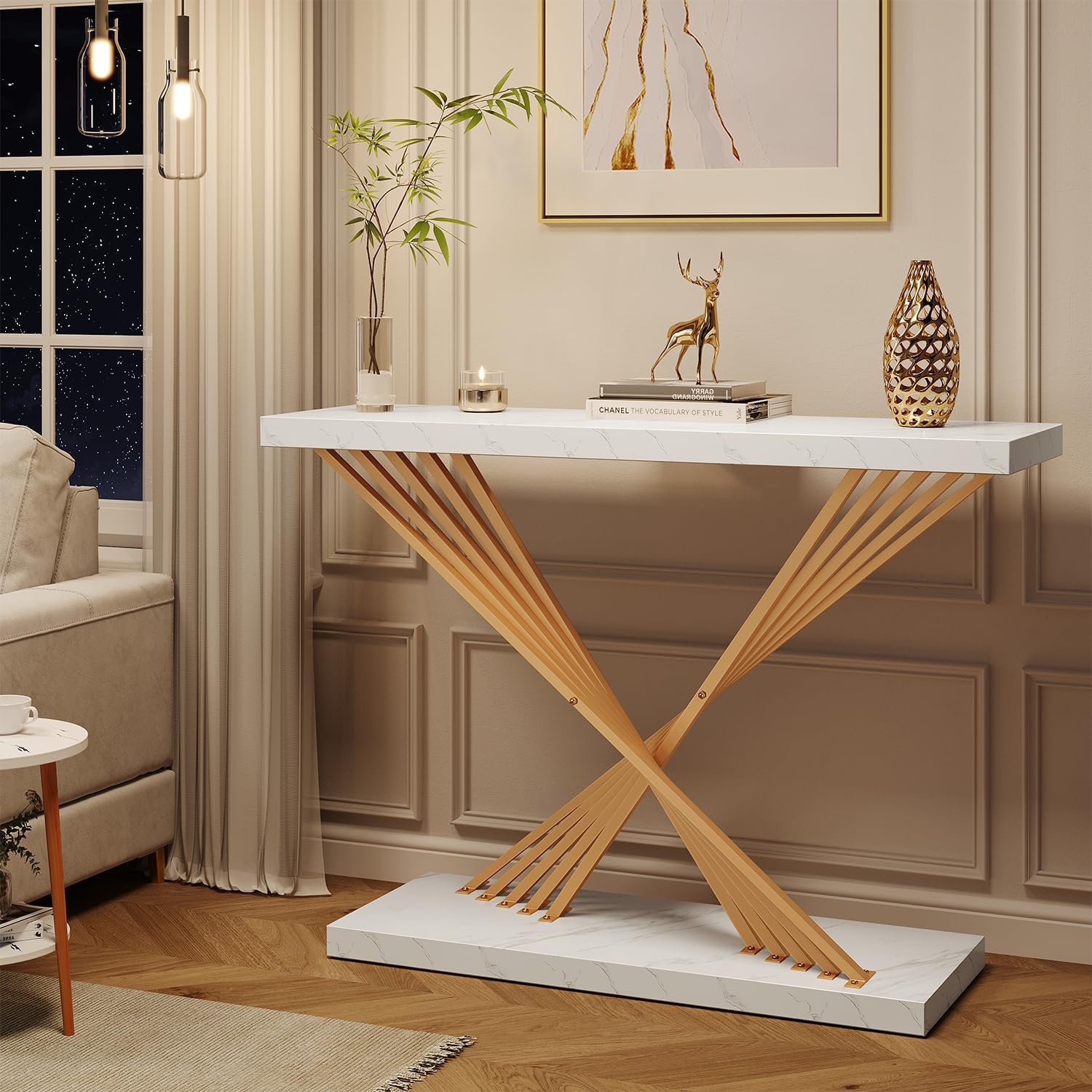 UNIQUITE 39.4 Inch Gold Console Table, White Faux Marble Modern Entryway Table Sofa Tables Behind The Couch for Entrance Hallway Living Room, X-Shape
