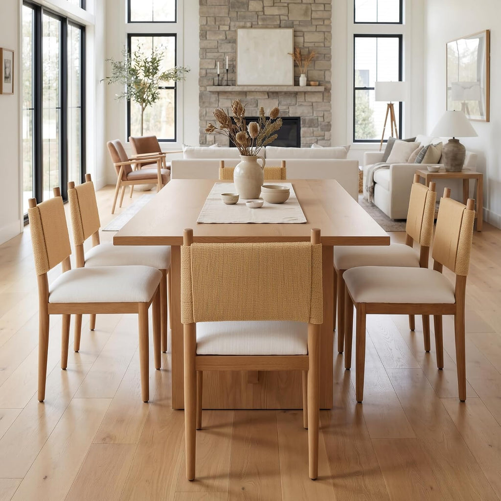CIMOTA Modern Dining Chairs Set of 6, Mid Century Upholstered Dining Room Chairs with Woven Back, Armless Kitchen Chairs with Natural Solid Wood Legs, Linen Beige