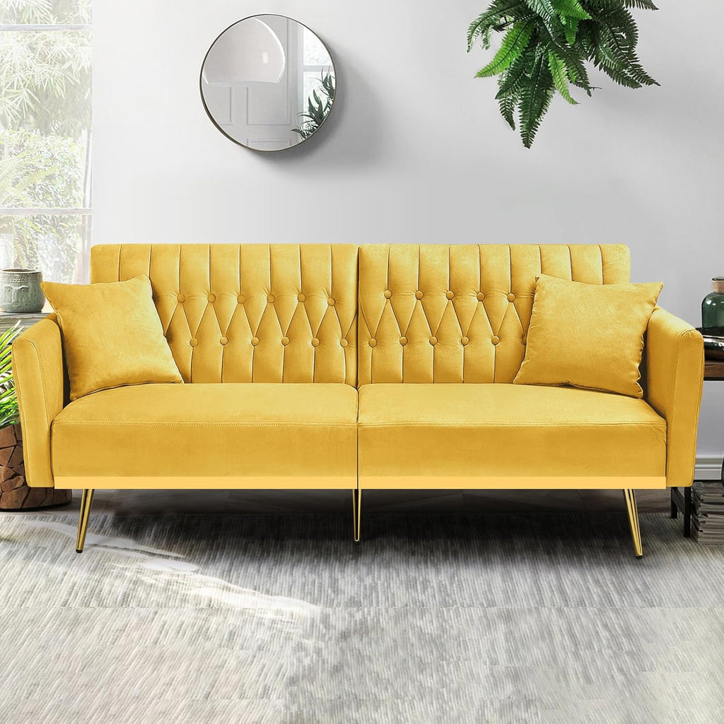 70” Velvet Futon Sofa Bed w/Adjustable Armrests & 2 Pillows, Convertible Futon Couch w/Adjustable Backrests, Modern Sleeper Bed for Living Room, Bedroom, Yellow