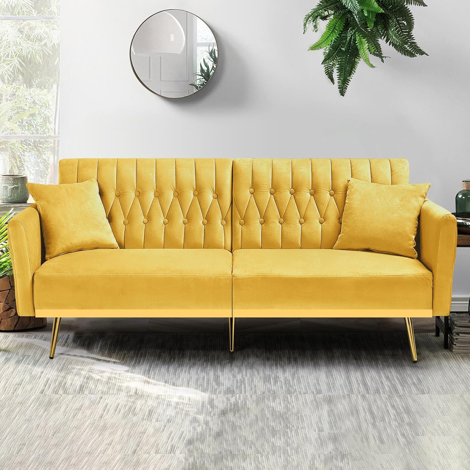 70” Velvet Futon Sofa Bed w/Adjustable Armrests & 2 Pillows, Convertible Futon Couch w/Adjustable Backrests, Modern Sleeper Bed for Living Room, Bedroom, Yellow