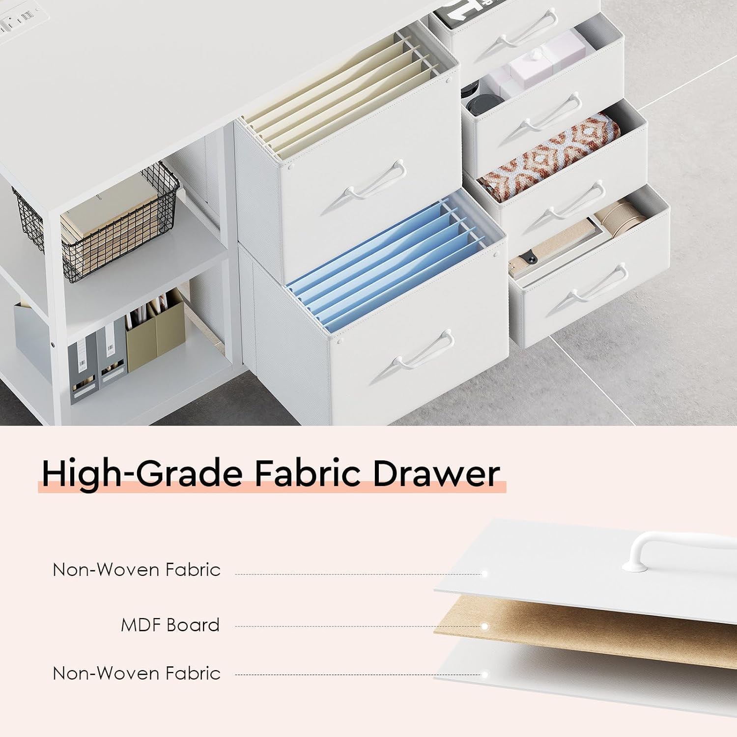 Maihail 6 Drawer File Cabinet with Charging Station and Open Storage Shelf, White