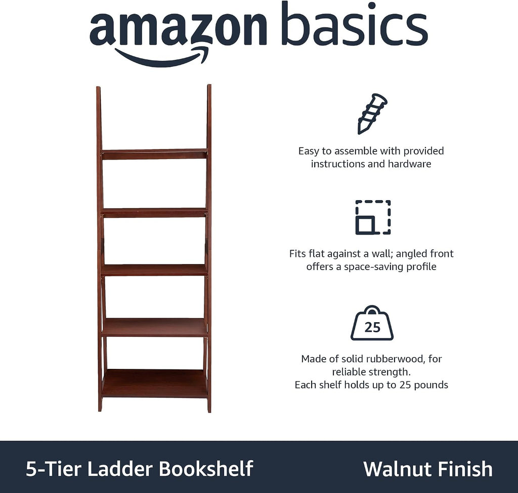 Amazon Basics 5-Tier Ladder Bookshelf Storage Organizer, Solid Rubberwood Frame, Space-Saving Bookcase, Sturdy Shelves, Walnut Finish, 14" D x 24.8" W x 70.1" H