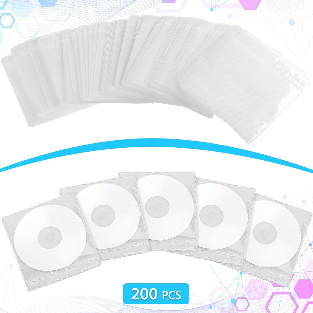 Harloon 200 Pcs CD DVD Sleeves Double Sided Plastic Clear Refill, White | PP Material and Fiber Cloth, Protective Sleeves for Blank Discs, Bulk Refill for Storage Binders